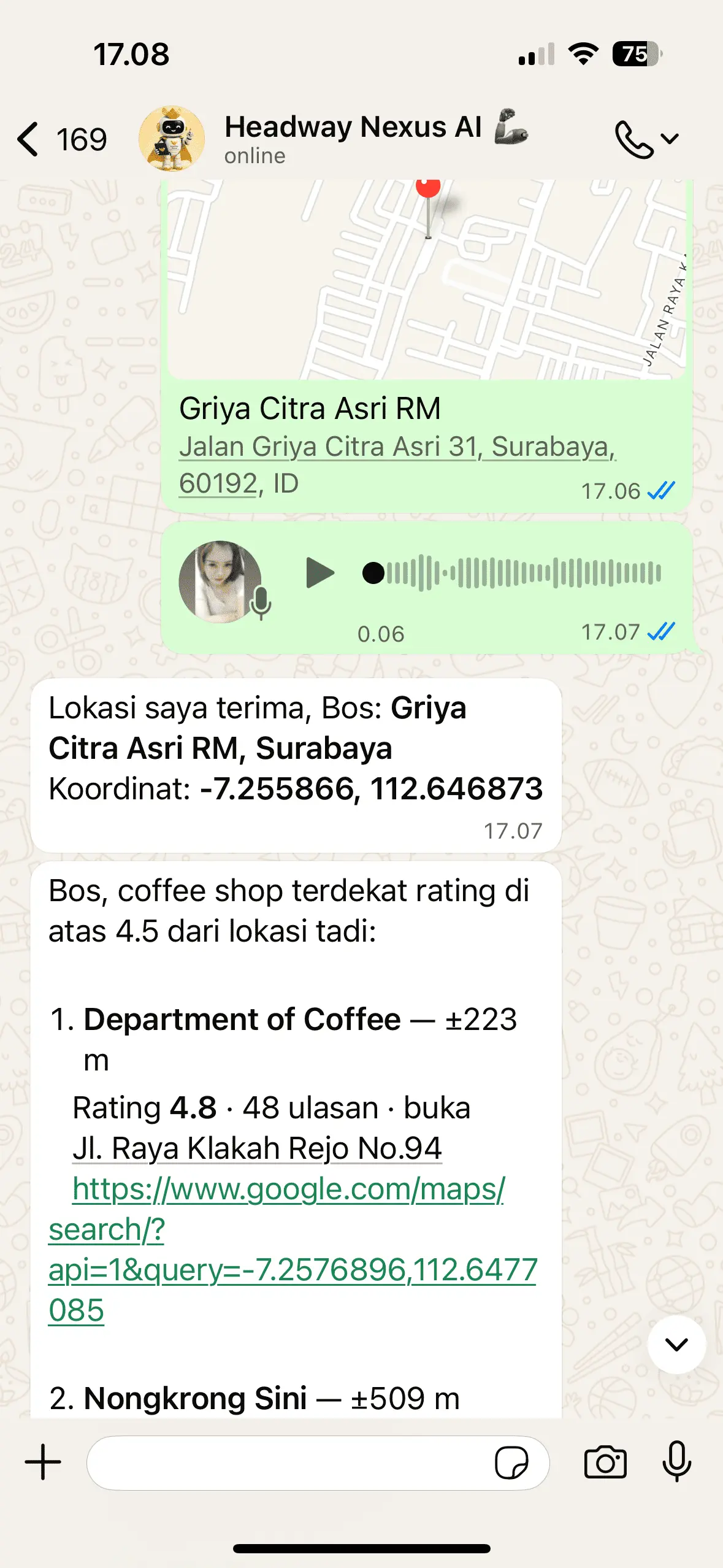 Cari lokasi cafe terdekat dengan voice posisi lagi menyetir